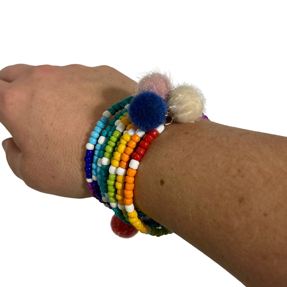 Handmade Boho Rainbow Beaded Coil Bracelet Set Pom Pom Charms‎ - Picture 3 of 4